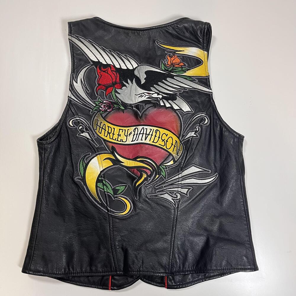 Harley Davidson Vest Vintage Ed Hardy Black Leather Eagle Heart Biker Embroidery